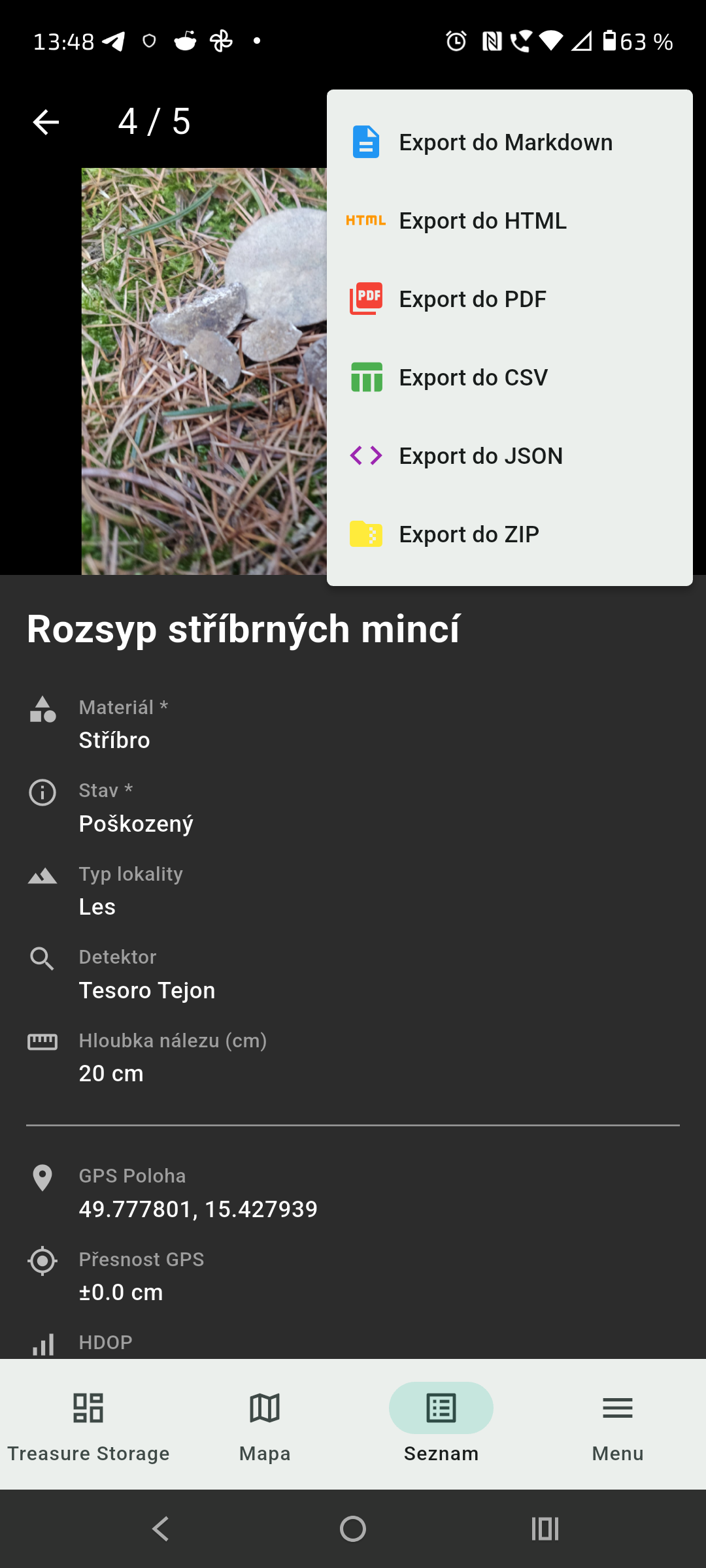 Export menu detailu nálezu