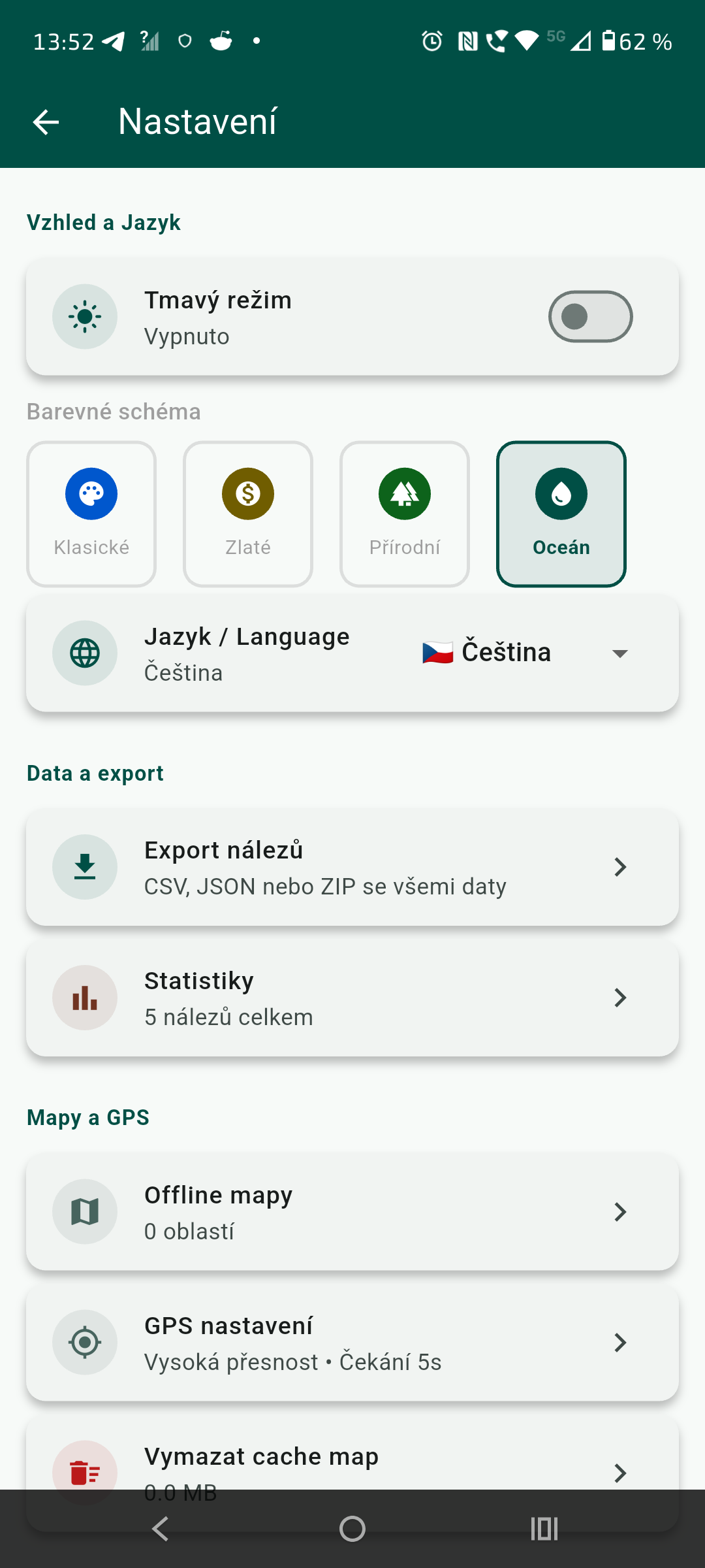 Obrazovka nastavení - světlý režim