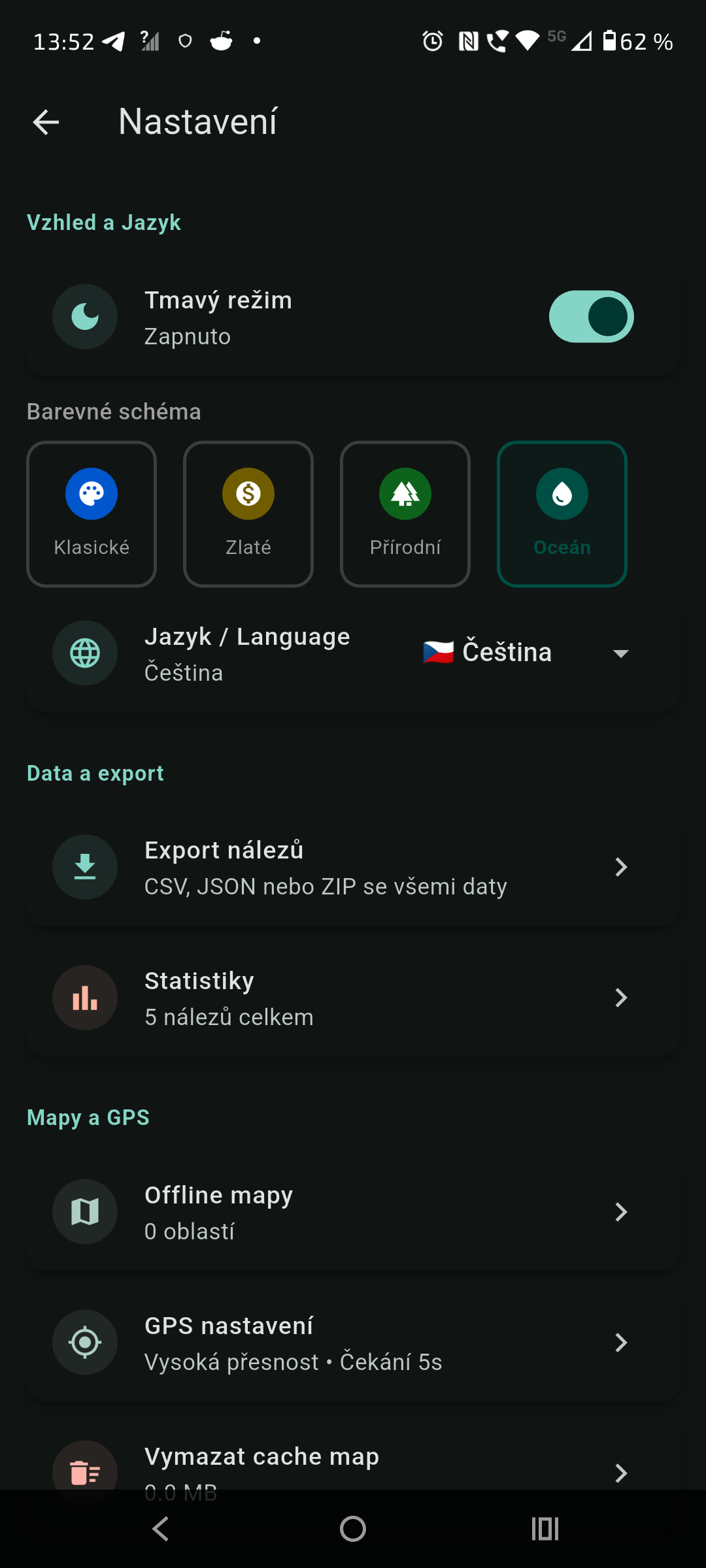 Obrazovka nastavení - tmavý režim