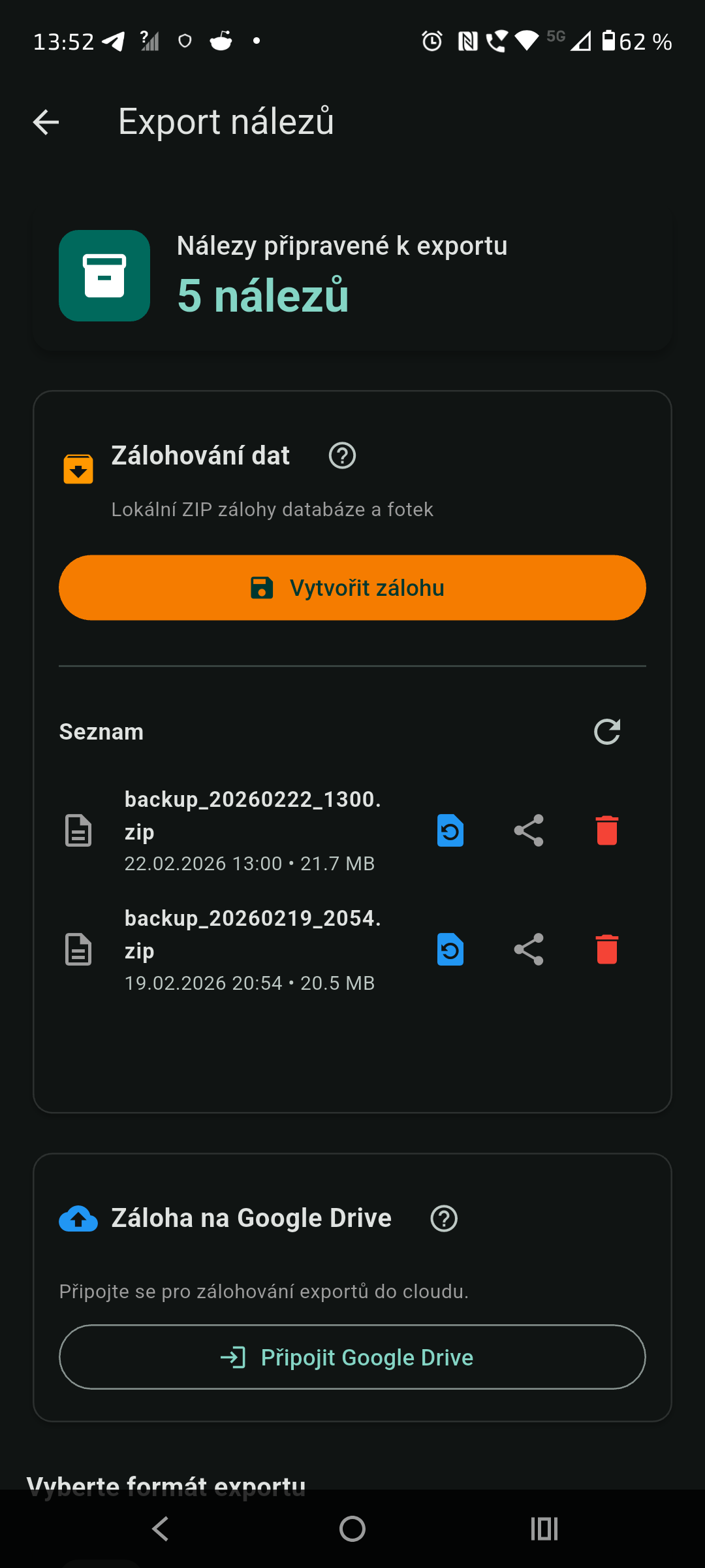 Seznam exportů a záloha