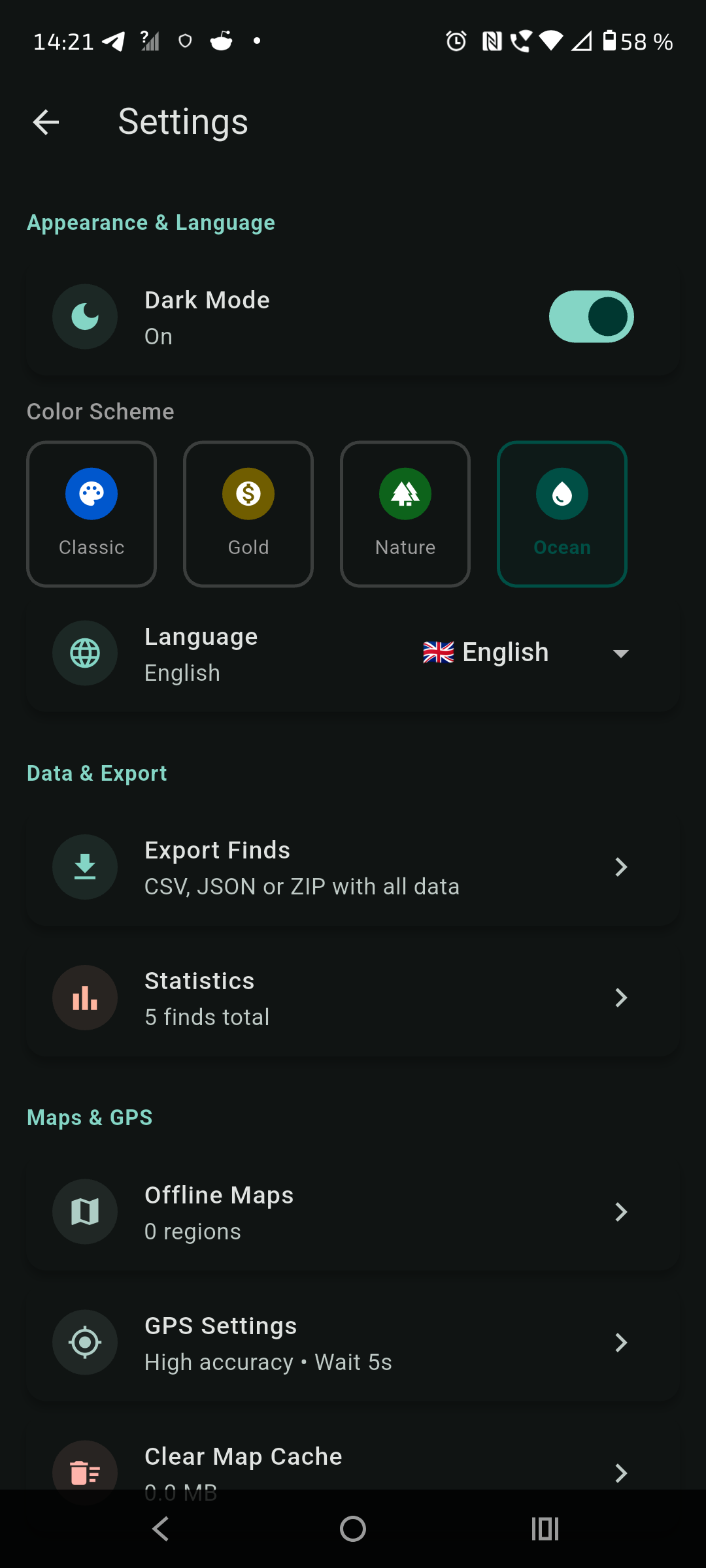 Settings screen - dark mode